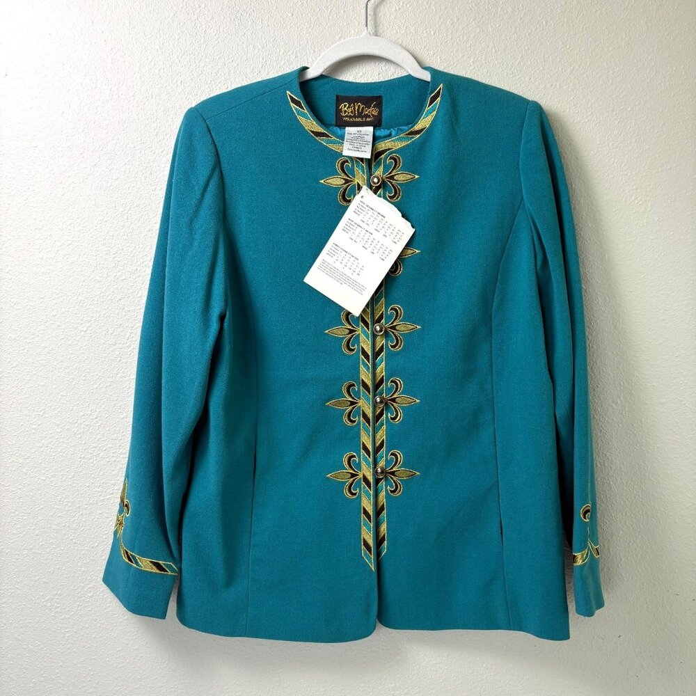 Bob Mackie Embroidered Trompe L'oeil Fleur de Lis‎ Jacket Size XS Teal A1418 NWT